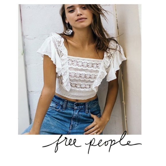 Free People Tops - Free People White Beige Lace Crochet Crop Top Size Large